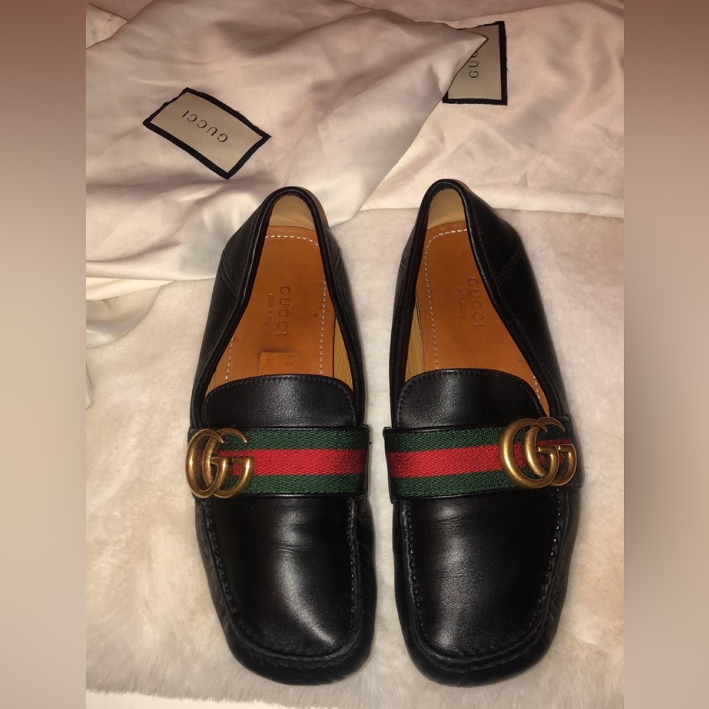 Gucci Black Leather GG Marmont web driver loafers size 36.5
